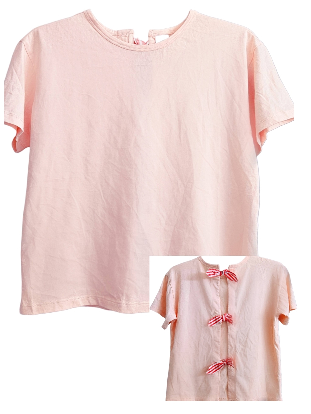 Nordstrom Peach Cotton Open Back With Striped Bows Short Sleeve Tee XL Like New